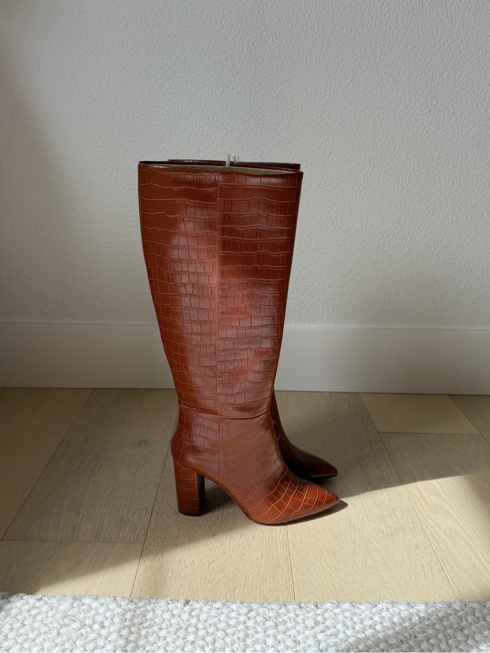 H&M Croc-Embossed Tall Pointed Toe Boots in Brown